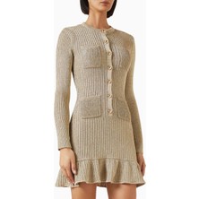 Self-Portrait Lurex Knit Mini Elbise, Altın Işıltılı Şık Gece Elbisesi