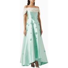 Ac By Aanchal Chanda Off-Shoulder Maxi Dress In Satin Çiçek Aplikeli Omuzları Açık Maxi Kadın Elbise