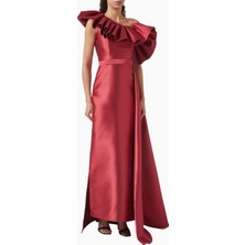 Ac By Aanchal Chanda One-Shoulder Ruffle Gown Tek Omuzlu Volanlı Kırmızı Kadın Elbise