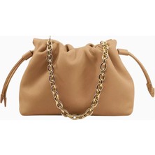 Studio Amelia Studıo Amelıa Alexandra Petite Bej Deri Büzgülü Zincir Askılı Kadın Clutch Çanta