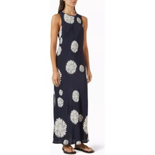 Asceno Valencia Ipek Crepe Elbise Navy Sunflower Zarif & Çok Yönlü