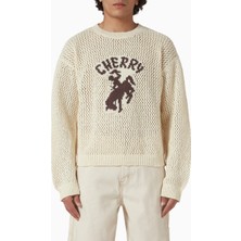 Cherry La Western Sweater, Beyaz Tığ Işi Örgü, Pamuklu Yazlık Bol Kesim Kazak