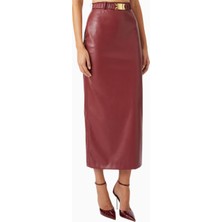 Rowen Rose Belted Maxi Skirt, Lüks Koyu Kırmızı Eco Leather Kuşaklı ve Yırtmaçlı Deri Etek