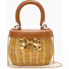 Self-Portrait Self-Portraıt Bow Basket Çanta Naturel Rattan & Altın Detaylı Zarif Mini Tote