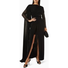 AC BY AANCHAL CHANDA Siyah Payetli Drapeli Elbise, Işıltılı ve Cesur Gece Şıklığı