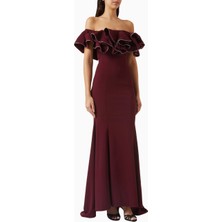 Ac By Aanchal Chanda Koyu Mor Volanlı Off-Shoulder Maxi Kadın Elbise