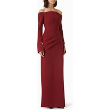 Eegen Studio Louisa Maxi Dress - Off-Shoulder, Düğmeli Kollu, Sırt Yırtmaçlı, Şık Tasarım Elbise
