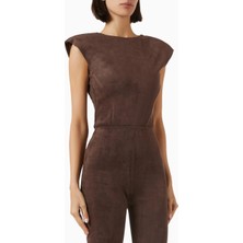 Maniere De Voir Wide-Shoulder Bodysuit, Koyu Kahverengi Faux Suede, Geniş Omuzlu Lüks Bodysuit