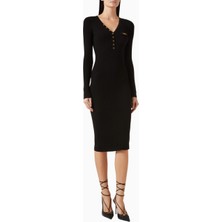 Elisabetta Franchi Ribbed Chest Pocket V Yaka Logo Düğmeli, Triko Midi Elbise