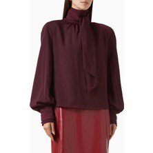 Rowen Rose Oversized Bow-Neck Blouse, Lüks Georgette Yüksek Yakalı Şık Balon Kollu Bluz