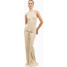 Because Of Alice Fine Knit Gathered Halter Neck Maxi Dress Shimmer Ribbed Knit Kadın Elbise