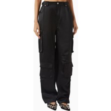 Maniere De Voir Emilie, Siyah Satin Geniş Paça Cargo Pantolon, Lüks ve Fonksiyonel Tasarım