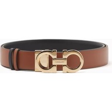 Ferragamo Gancini Çift Taraflı Kemer, Çekiçlenmiş Dana Derisi, Stella, Kahverengi & Siyah