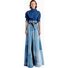 A.w.a.k.e. Mode Kadın Geniş Paça Mavi Denim Yama Detaylı Jean Pantolon