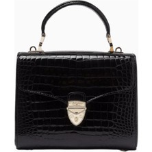 Aspinal Of London Midi Mayfair Siyah Croc Deri Top Handle Çanta, Şık ve Klasik Tasarım