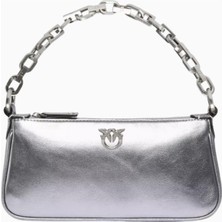 Pinko Mini Half Moon Lamineli Süet Gümüş Lüks Baguette Çanta, Şık ve Çok Yönlü