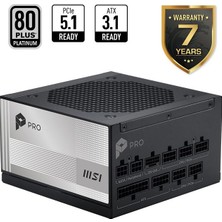 MSI Msı Pro A850PL Pcıe5 850W 80 Plus Platinum Full Modüler Atx3.1 Pcıe 5.1 Güç Kaynağı