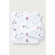 The White Company Organik Pamuklu London Desenli Bebek Battaniyesi ve Şapka Seti