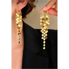 Invictus Design Kadın Gold Zincir Küpe Sallantılı Halka Pullu Işıltılı Uzun Sarkıntılı Payetli Abiye Trend Küpe