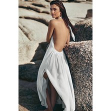 The White Company Halter Yaka Keten Beyaz Plaj Kadın Maxi Elbise