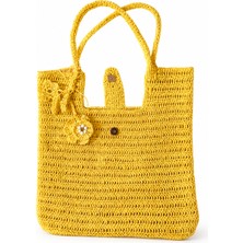 Nomadallıne El Yapımı Rafya Ip Örgü Bohem Kadın Omuz Çantası 36X38X10 cm Sarı