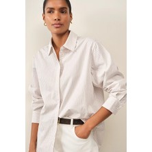 The White Company Çizgili Pamuk Poplin Kadın Oversize Gömlek
