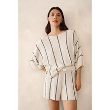 The White Company Organik Pamuk Karışımlı Çizgili Bukle Örme Kadın Tişört