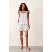 The White Company Organik Pamuk Vual Nakışlı Şortlu Kadın Pijama Takım
