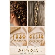 Invictus Design Kadın Gold Yıldız Deniz Kabuk Istiridye Denizatı Inci Halka Model Saç Küpesi Charm Saç Tokası Saç Yüzük Örgü Aksesuar Toplam 20 Parça 2'li Set