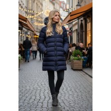 Tals Moda Kadın  Silim Fit Diz Üstü Kapişonu Peluşlu Mont