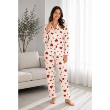 Kadın Kırmızı Kalp Desenli Pijama Takımı
