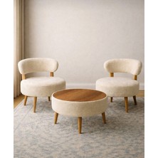 Adanur Design Çay Seti Ikili Koltuk Berjer ve Puf Takımı 3 Takım Krem-Beyaz(Balkon,salon,ofis ve Bahçe Takımı