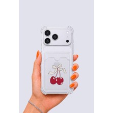 Aesco iPhone 17 Pro Max Kartlıklı Kiraz Desenli Kılıf
