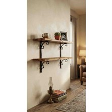 Dekoriye Antik Ferforje Duvar Rafı 2'li Set Ahşap Duvar Rafı Modelleri - 75X14 cm Ferforje Askılı 2'li Raf Seti Kitaplık