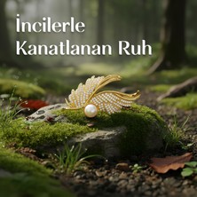 Taş Sandığı Kanat Şeklinde İncili Altın Renk Broş - Gerçek İnci