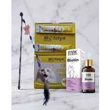 Kedi Başlangıç Seti (Mofelya Krem Kedi Ödül Maması 15 ml Somon ve Antartik Krilli 60 Ad. Pawjourney Biotin 50 ml , Pawillion Kedi Oltası)