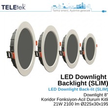 Teletek 21W LED Downlight 8 Koridor ve Acil Durum Fonksiyonlu Kitli Backlight Slim Yuvarlak Beyaz Işık  Spot Sıva Altı Panel Armatür , IP44 Ince Kasa Spot Aydınlatma