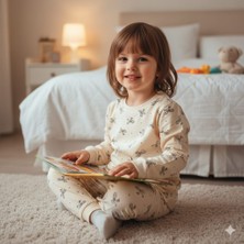 Erca Home Tekstil Ürünleri % 100 Pamuklu Penye Kız Bebek Pijama Takımı Ekru 6/9 Ay Pijama Kız