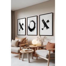 1001 Siyah Çerçeveli 3’lü Tablo Seti Siyah Fırça Desenleri – Minimal Tarz Ofis Set 30014, 10 x 1