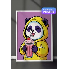 1001 Beyaz Çerçeveli Duvar Tablosu Sarı Kapüşonlu Panda Çilekli Milkshake Neşesi Çocuk Odası Dek