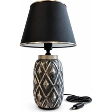 1001 Hmy Design Seramik Abajur Siyah Kumaş Başlıklı Dekoratif Masa Lambası - Modern Komodin Lambası