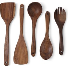 1001 5 Parça Doğal Akasya Ağacı Mutfak Gereçleri Seti - Çizilmez Tahta Kepçe, Spatula, Servis Kaş