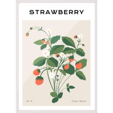1001 Beyaz Çerçeveli Tablo Çilek Dalları – Pastel Meyve Mutfak Dekoru Poster 100783, 50 x 70