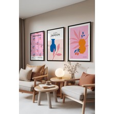 1001 Siyah Çerçeveli 3’lü Tablo Seti Pembe ve Mavi Vazolu Botanik Desenler Salon Set 30040, 15 x 21