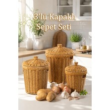 1001 PBT-439 3lü Hasır Sepet Kapaklı Bambu Sepet Seti Dekoratif Banyo Mutfak Düzenleyici Organizeri