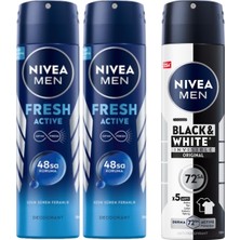 1001 Men Erkek Sprey Deodorant Fresh Active 150ML X2 + Nıvea Men Erkek Sprey Deodorant Black & White Invi