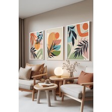 1001 Beyaz Çerçeveli 3’lü Tablo Seti Renkli Yaprak Desenleri Salon Set 30060, 50 x 70