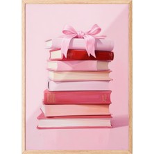 1001 Ahşap Çerçeveli Tablo Pembe Kurdeleli Kitaplar – Feminen Sanat Genç Odası Dekoru Poster 10352