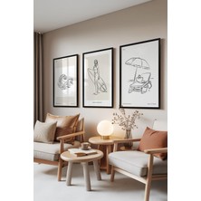 1001 Siyah Çerçeveli 3’lü Tablo Seti Dalga Sörf ve Şezlong Çizimleri Salon Set 30022, 15 x 21