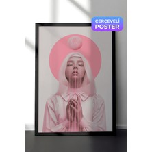1001 Siyah Çerçeveli Duvar Tablosu Pembe Tonlarda Dua Eden Kadın Minimal Sanat Salon Dekoru, 30 x 40